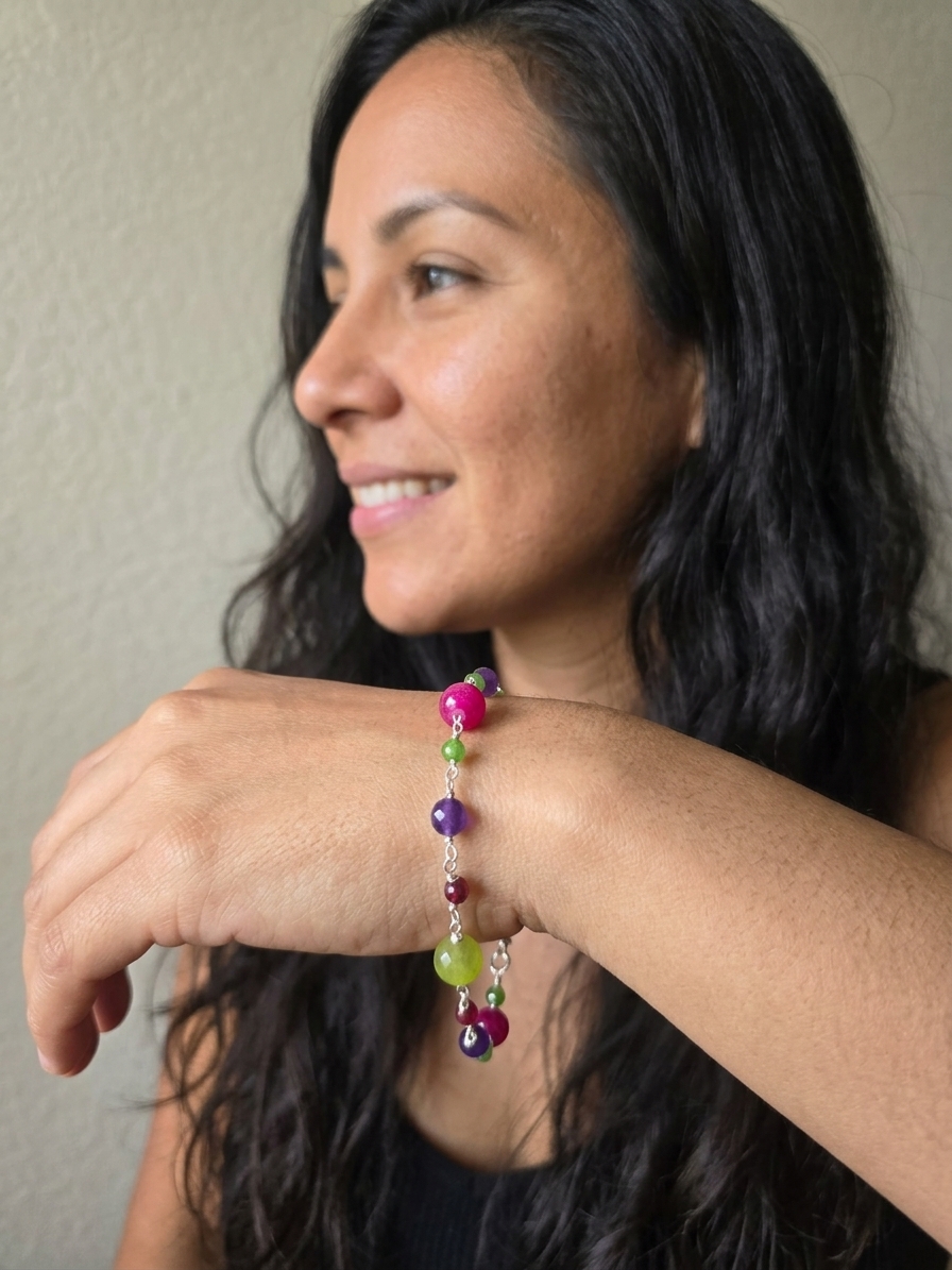 90's Kid - featuring Lime Jade, Grape Jade, Kelly Green Jade, Fuchsia Jade, Stainless Steel Wire, Silver Tone Copper Wire angle 2