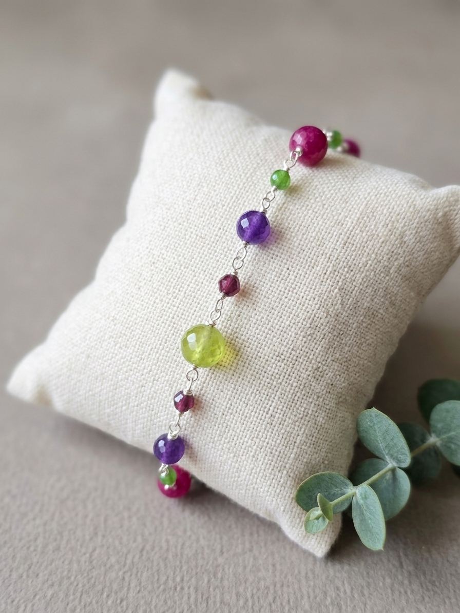 90's Kid - featuring Lime Jade, Grape Jade, Kelly Green Jade, Fuchsia Jade, Stainless Steel Wire, Silver Tone Copper Wire angle 3