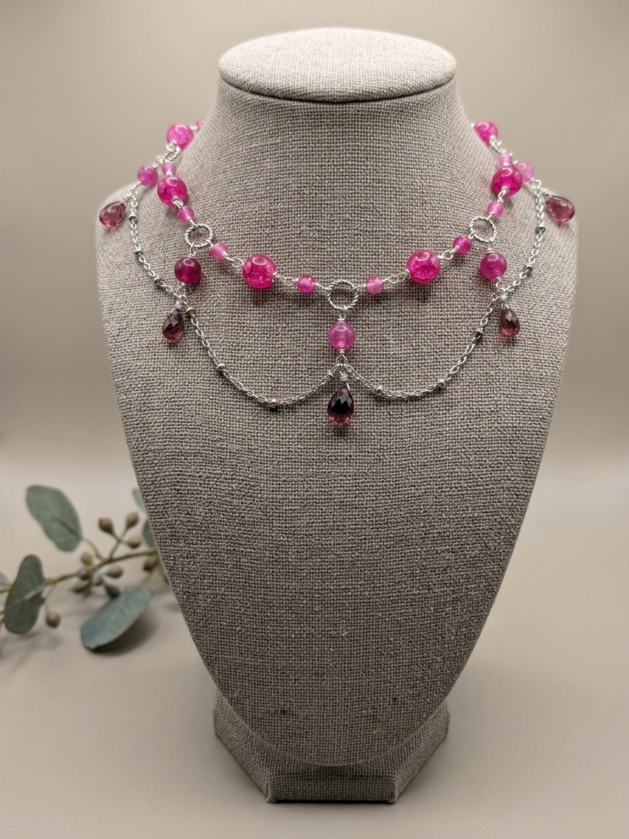 A Rose for Anastasia - featuring Pink Jade, Pink Tourmaline, Pink Quartz, Stainless Steel, Silver Tone Copper Wire