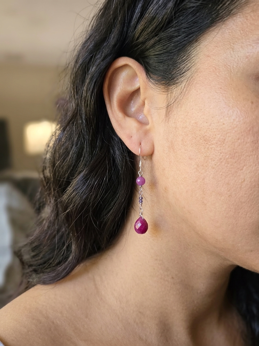 Andrina - featuring Faceted Natural Ruby Rounds, Faceted Purple Zircon Rondelles, Faceted Ruby Briolettes, Stainless Steel Wire, Silver Tone Copper Wire, Stainless Steel Chain, Stainless Steel Ear Hooks angle 2