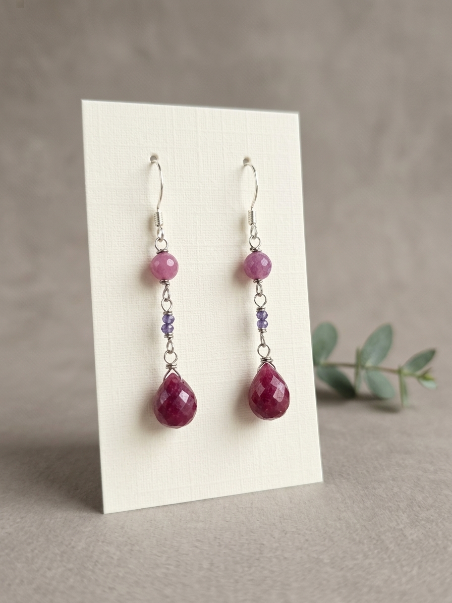 Andrina - featuring Faceted Natural Ruby Rounds, Faceted Purple Zircon Rondelles, Faceted Ruby Briolettes, Stainless Steel Wire, Silver Tone Copper Wire, Stainless Steel Chain, Stainless Steel Ear Hooks angle 3