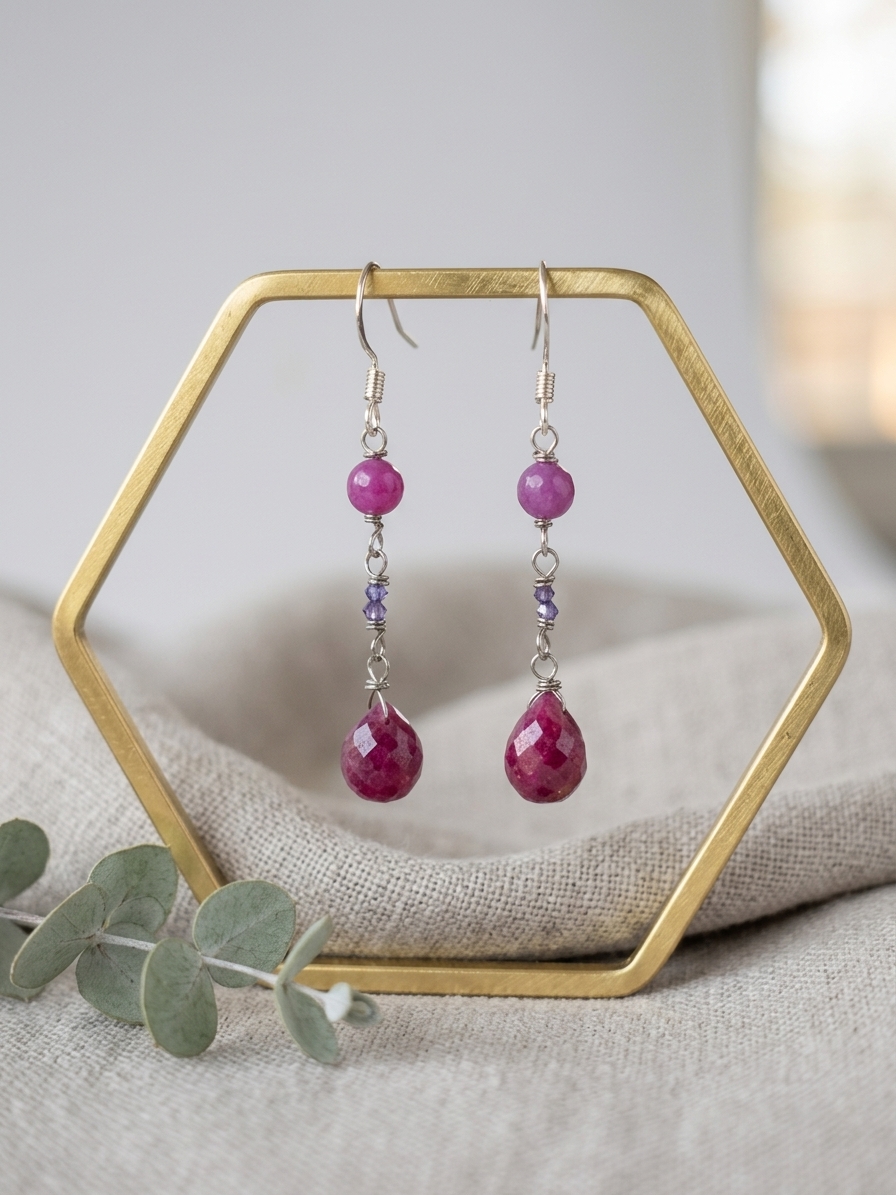 Andrina - featuring Faceted Natural Ruby Rounds, Faceted Purple Zircon Rondelles, Faceted Ruby Briolettes, Stainless Steel Wire, Silver Tone Copper Wire, Stainless Steel Chain, Stainless Steel Ear Hooks