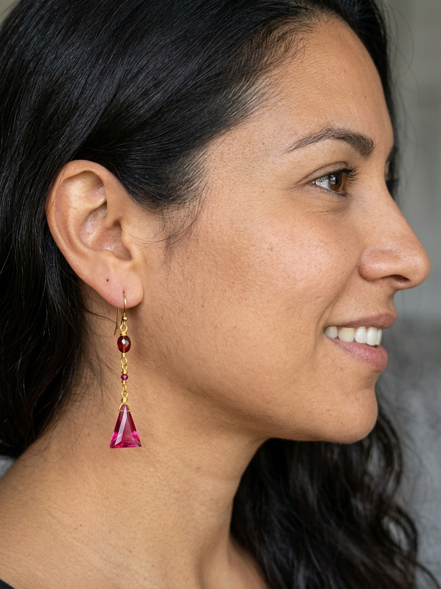 Andrina - featuring Ruby Quartz Briolettes, Garnet Ovals, Garnet Rounds, Gold Plated Stainless Steel Wire, Gold Plated Copper Wire, Gold Plated Brass Chain, Nickel Free Gold Plated Stainless Steel Ear Hooks angle 2