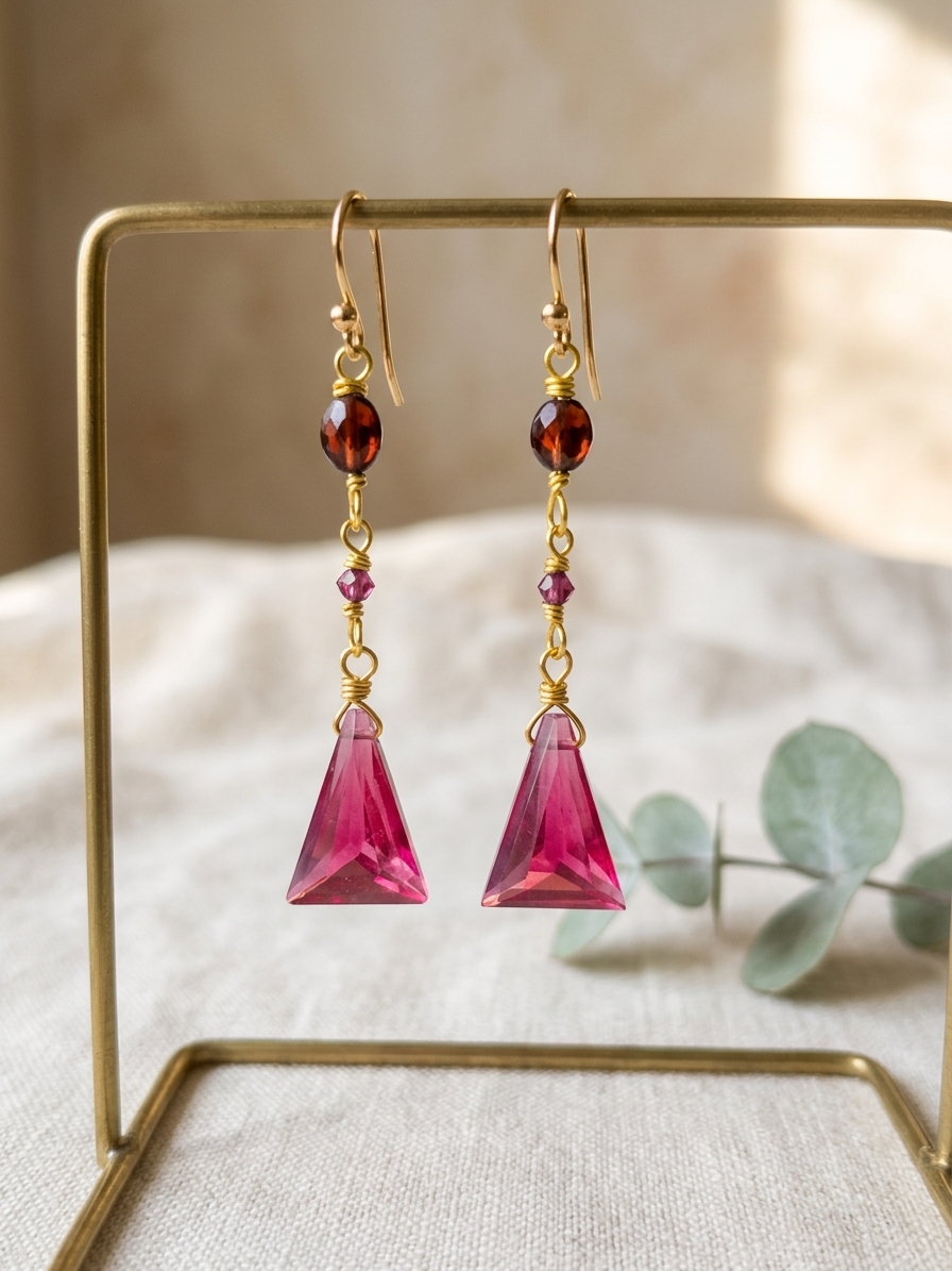 Andrina - featuring Ruby Quartz Briolettes, Garnet Ovals, Garnet Rounds, Gold Plated Stainless Steel Wire, Gold Plated Copper Wire, Gold Plated Brass Chain, Nickel Free Gold Plated Stainless Steel Ear Hooks angle 3
