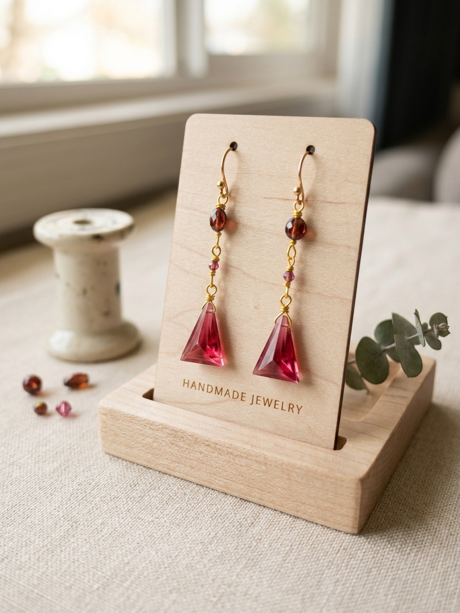 Andrina - featuring Ruby Quartz Briolettes, Garnet Ovals, Garnet Rounds, Gold Plated Stainless Steel Wire, Gold Plated Copper Wire, Gold Plated Brass Chain, Nickel Free Gold Plated Stainless Steel Ear Hooks