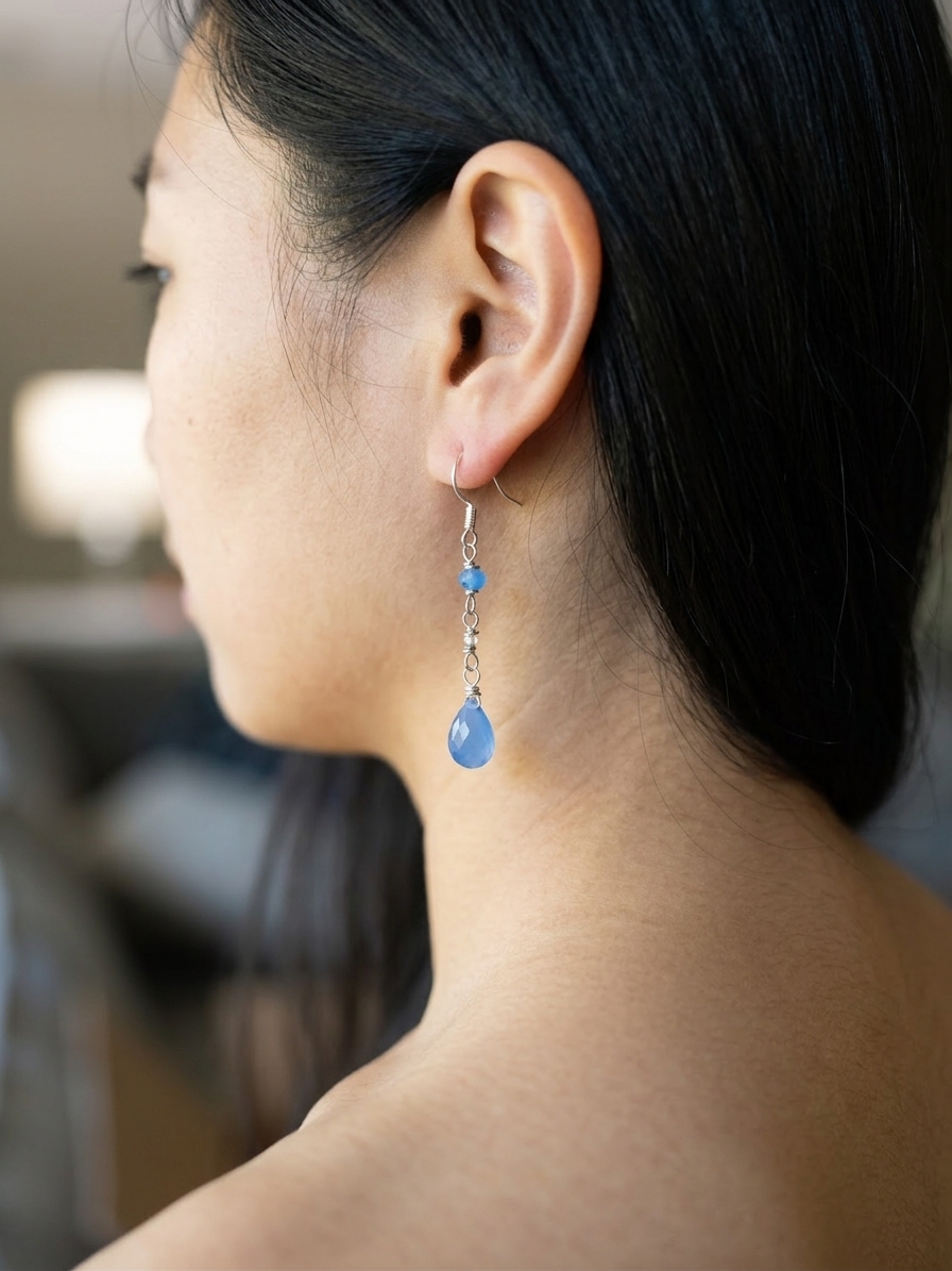 Aquata - featuring Faceted Periwinkle Blue Chalcedony Briolettes, Faceted Periwinkle Blue Chalcedony Rondelles, Stainless Steel Wire, Silver Tone Copper Wire, Nickel Free Stainless Steel Ear Hooks angle 2
