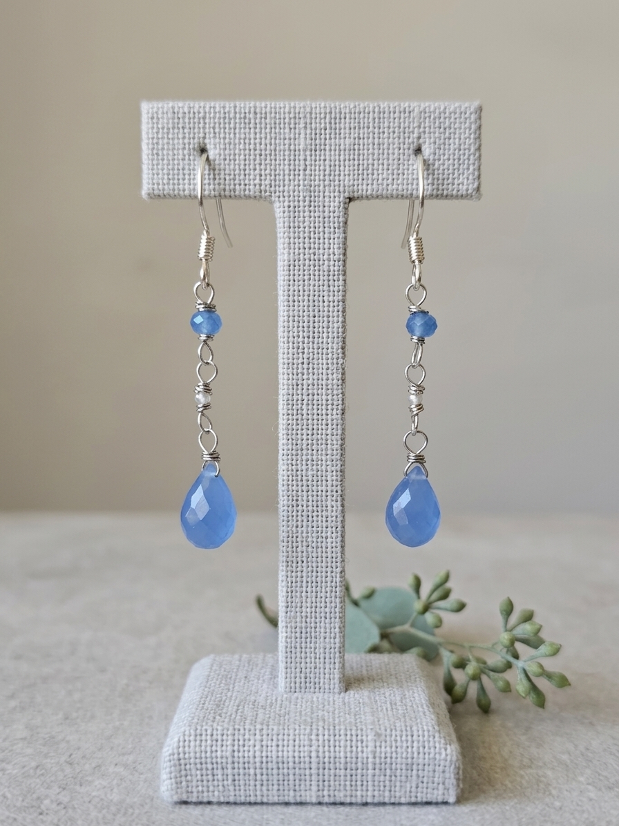 Aquata - featuring Faceted Periwinkle Blue Chalcedony Briolettes, Faceted Periwinkle Blue Chalcedony Rondelles, Stainless Steel Wire, Silver Tone Copper Wire, Nickel Free Stainless Steel Ear Hooks
