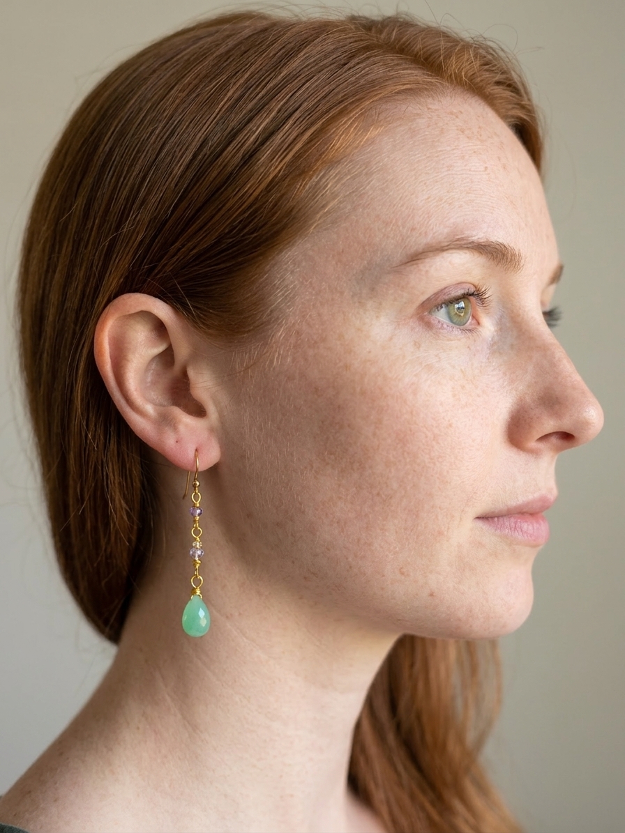 Ariel - featuring Faceted Purple Zircon Rondelles, Faceted Chrysoprase Briolettes, Stainless Steel Wire, Silver Tone Copper Wire, Stainless Steel Chain, Gold Plated Stainless Steel Wire, Gold Plated Copper Wire, Stainless Steel Ear Hooks angle 2