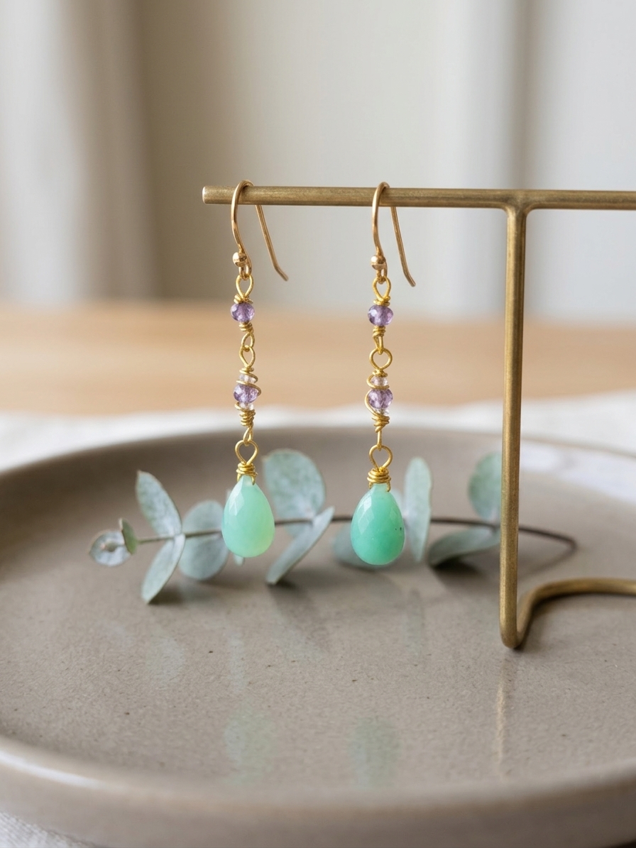 Ariel - featuring Faceted Purple Zircon Rondelles, Faceted Chrysoprase Briolettes, Stainless Steel Wire, Silver Tone Copper Wire, Stainless Steel Chain, Gold Plated Stainless Steel Wire, Gold Plated Copper Wire, Stainless Steel Ear Hooks angle 3