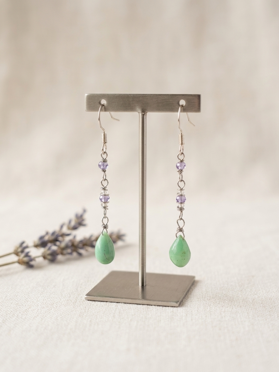 Ariel - featuring Faceted Purple Zircon Rondelles, Faceted Chrysoprase Briolettes, Stainless Steel Wire, Silver Tone Copper Wire, Stainless Steel Chain, Gold Plated Stainless Steel Wire, Gold Plated Copper Wire, Stainless Steel Ear Hooks angle 4