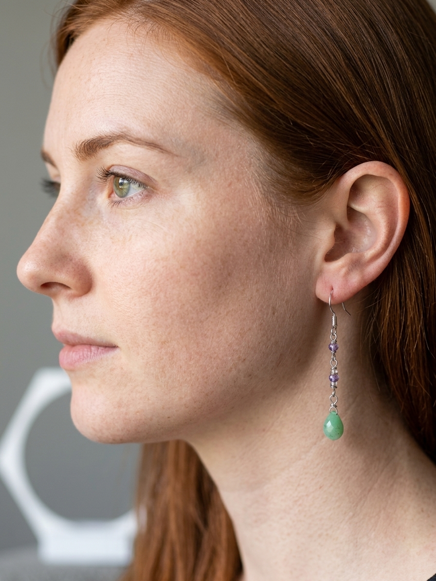 Ariel - featuring Faceted Purple Zircon Rondelles, Faceted Chrysoprase Briolettes, Stainless Steel Wire, Silver Tone Copper Wire, Stainless Steel Chain, Gold Plated Stainless Steel Wire, Gold Plated Copper Wire, Stainless Steel Ear Hooks angle 5