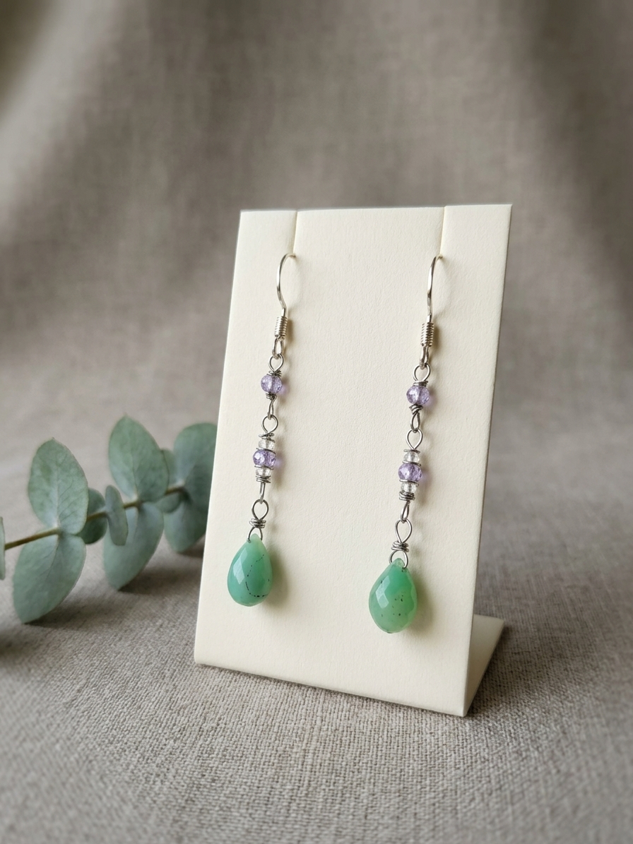 Ariel - featuring Faceted Purple Zircon Rondelles, Faceted Chrysoprase Briolettes, Stainless Steel Wire, Silver Tone Copper Wire, Stainless Steel Chain, Gold Plated Stainless Steel Wire, Gold Plated Copper Wire, Stainless Steel Ear Hooks angle 6