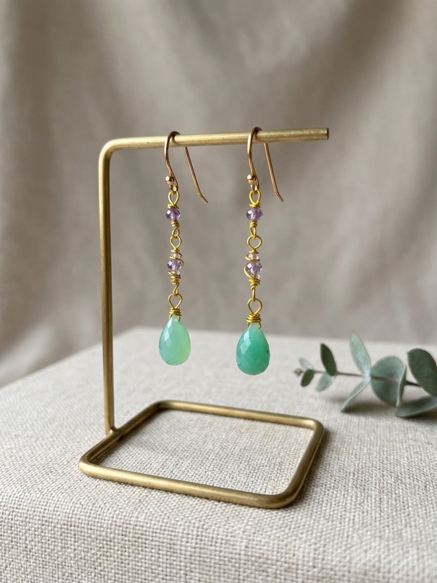 Ariel - featuring Faceted Purple Zircon Rondelles, Faceted Chrysoprase Briolettes, Stainless Steel Wire, Silver Tone Copper Wire, Stainless Steel Chain, Gold Plated Stainless Steel Wire, Gold Plated Copper Wire, Stainless Steel Ear Hooks