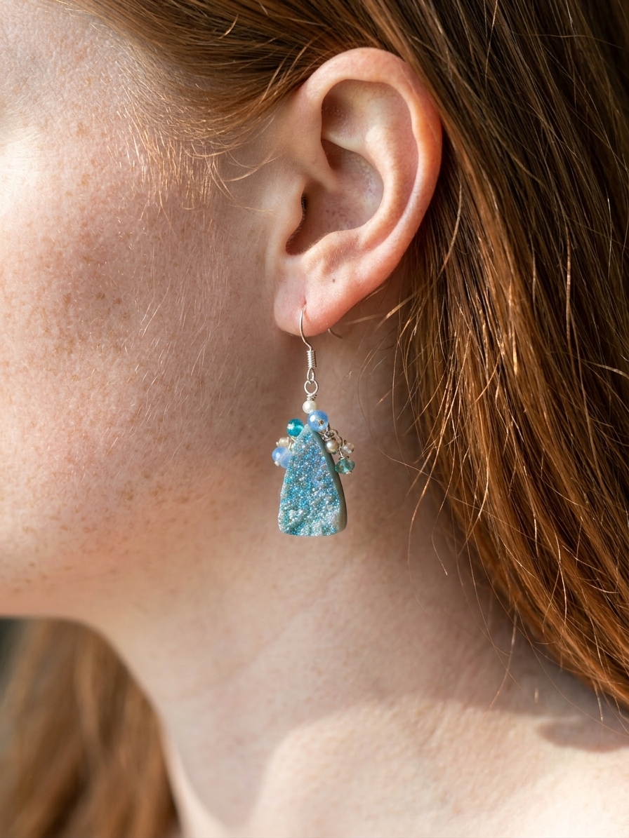 Ariel's Transformation - featuring Mystic Druzy Quartz, Freshwater Pearls, Ethiopian Opals, Pink Opal, Stainless Steel Wire, Silver Tone Copper Wire, Stainless Steel Chain, Nickel Free Stainless Steel Ear Hooks angle 2
