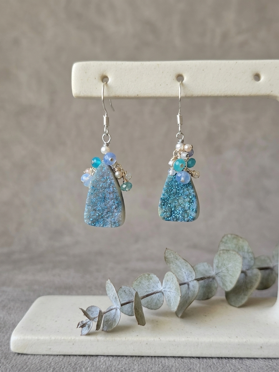 Ariel's Transformation - featuring Mystic Druzy Quartz, Freshwater Pearls, Ethiopian Opals, Pink Opal, Stainless Steel Wire, Silver Tone Copper Wire, Stainless Steel Chain, Nickel Free Stainless Steel Ear Hooks angle 3
