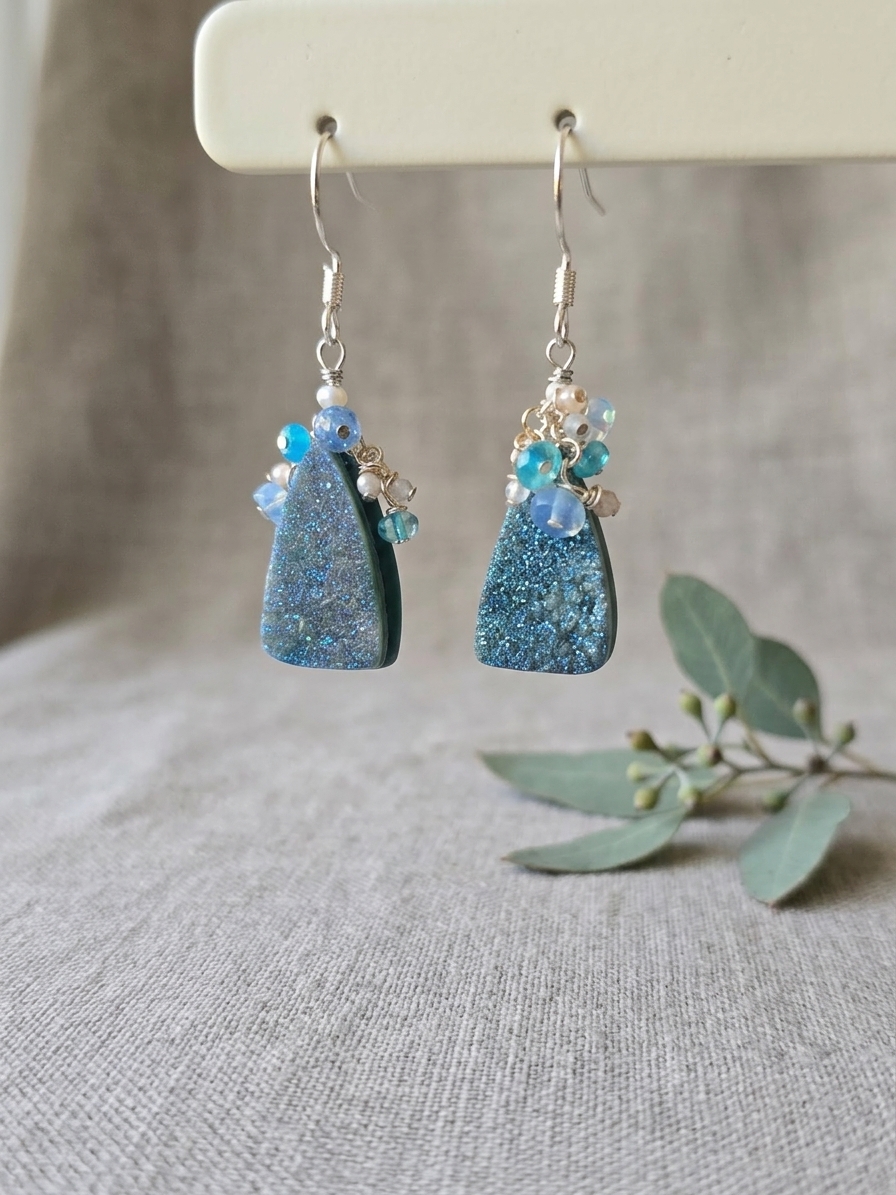 Ariel's Transformation - featuring Mystic Druzy Quartz, Freshwater Pearls, Ethiopian Opals, Pink Opal, Stainless Steel Wire, Silver Tone Copper Wire, Stainless Steel Chain, Nickel Free Stainless Steel Ear Hooks