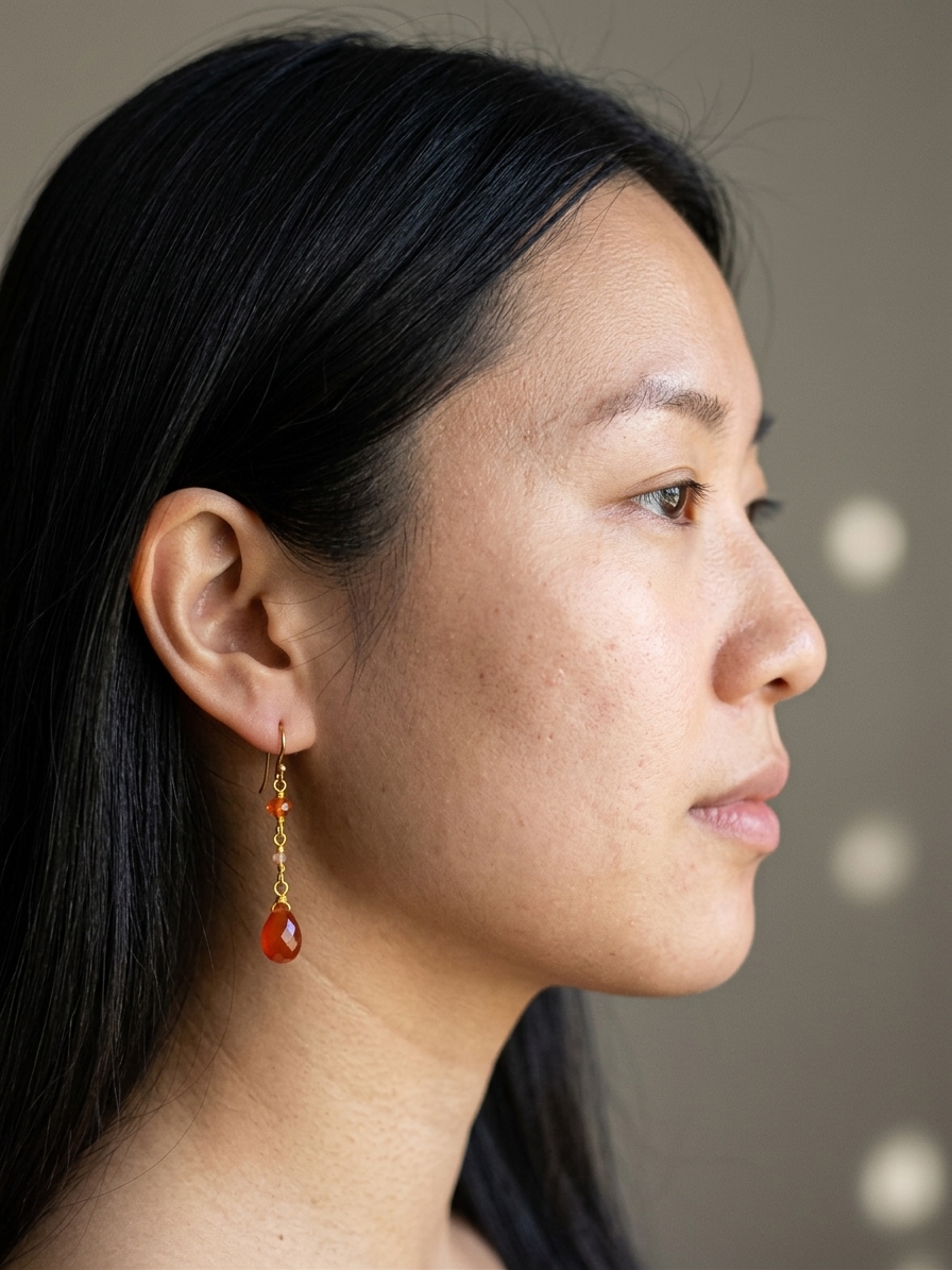 Attina - featuring Faceted Orange Chalcedony Rondelles, Faceted Pink Opal Rounds, Faceted Carnelian Briolettes, Gold Plated Stainless Steel Wire, Gold Plated Copper Wire, Nickel Free Gold Plated Stainless Steel Ear Hooks angle 2