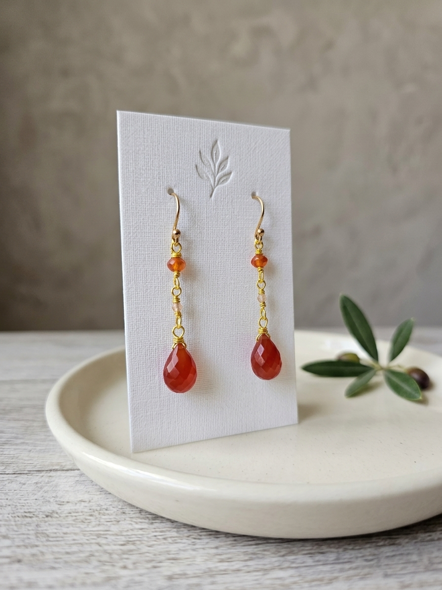Attina - featuring Faceted Orange Chalcedony Rondelles, Faceted Pink Opal Rounds, Faceted Carnelian Briolettes, Gold Plated Stainless Steel Wire, Gold Plated Copper Wire, Nickel Free Gold Plated Stainless Steel Ear Hooks angle 3