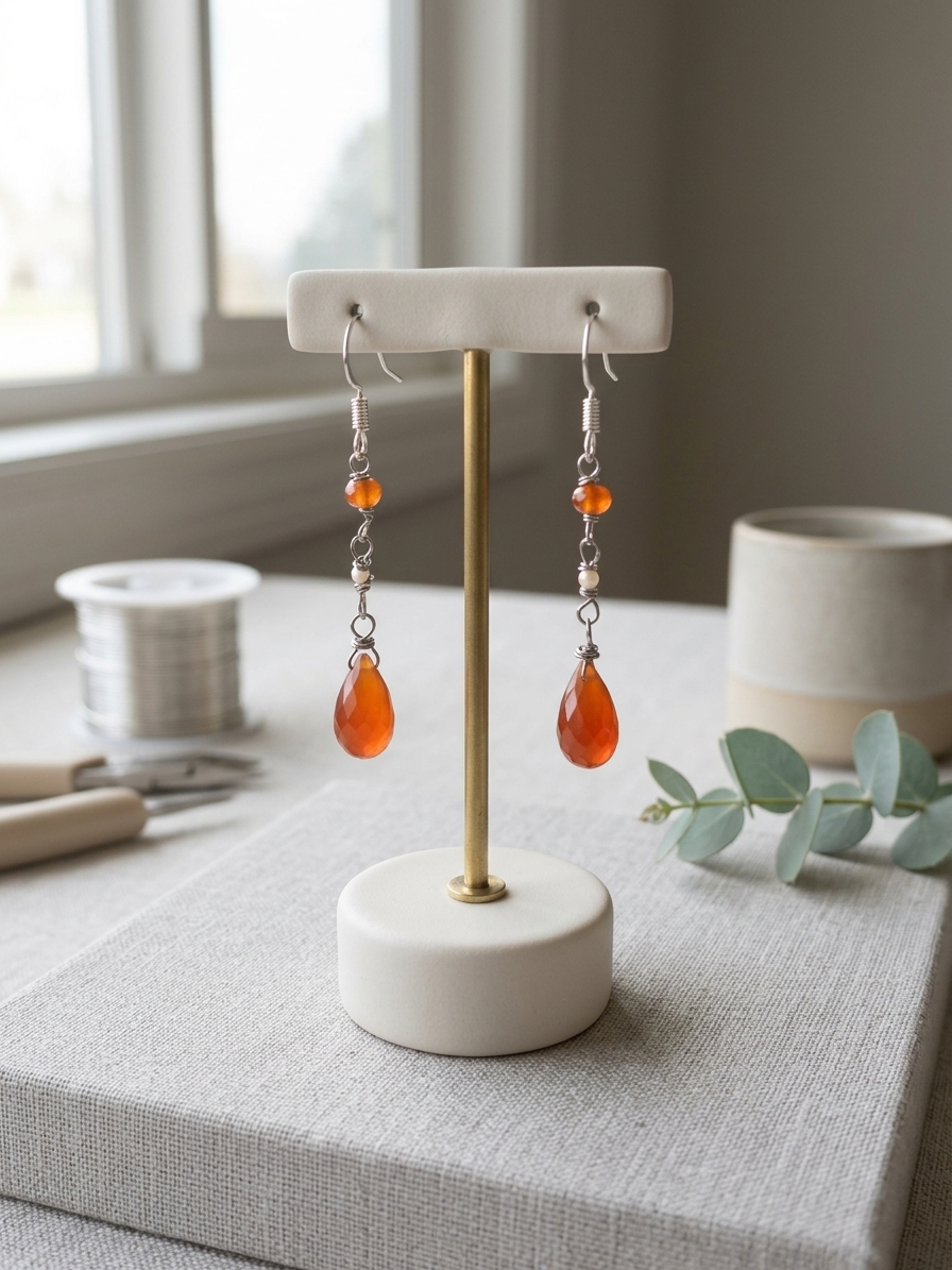 Attina - featuring Faceted Orange Chalcedony Rondelles, Faceted Pink Opal Rounds, Faceted Carnelian Briolettes, Gold Plated Stainless Steel Wire, Gold Plated Copper Wire, Nickel Free Gold Plated Stainless Steel Ear Hooks angle 4