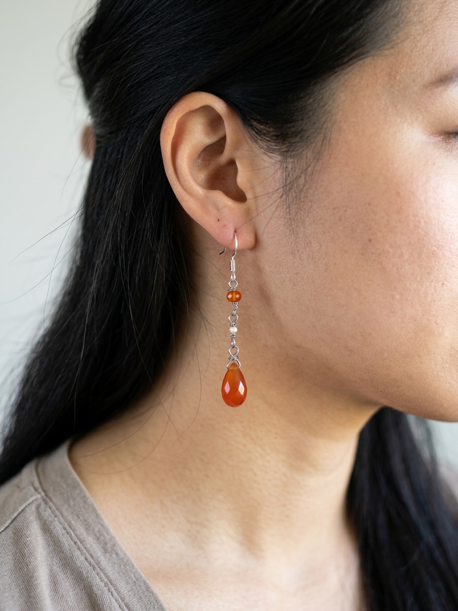 Attina - featuring Faceted Orange Chalcedony Rondelles, Faceted Pink Opal Rounds, Faceted Carnelian Briolettes, Gold Plated Stainless Steel Wire, Gold Plated Copper Wire, Nickel Free Gold Plated Stainless Steel Ear Hooks angle 5