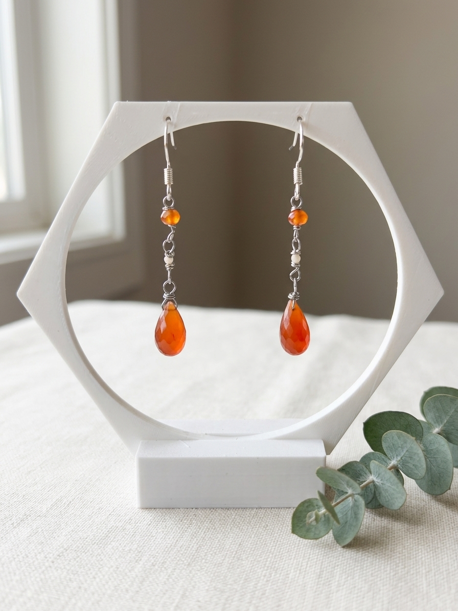 Attina - featuring Faceted Orange Chalcedony Rondelles, Faceted Pink Opal Rounds, Faceted Carnelian Briolettes, Gold Plated Stainless Steel Wire, Gold Plated Copper Wire, Nickel Free Gold Plated Stainless Steel Ear Hooks angle 6