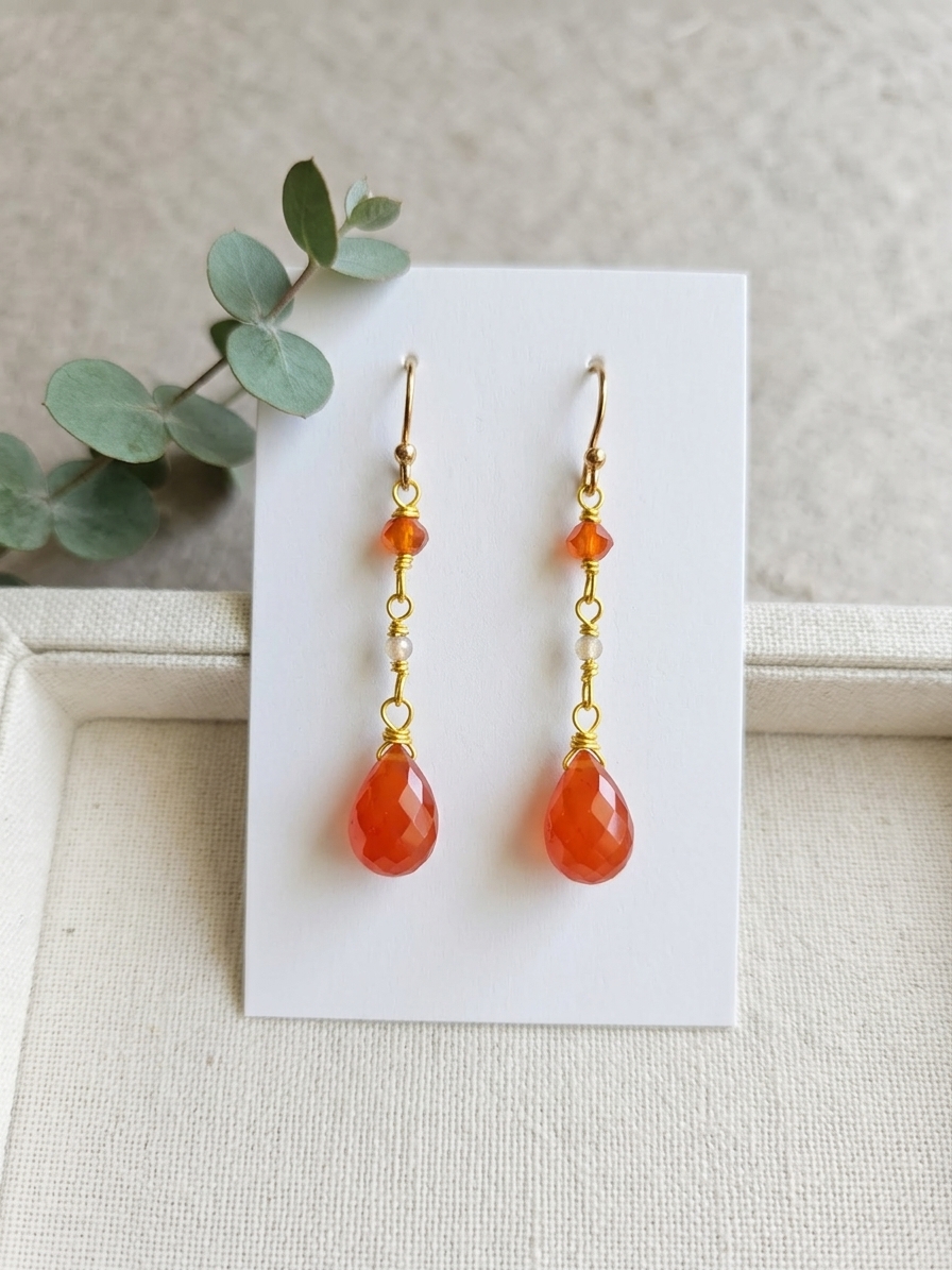 Attina - featuring Faceted Orange Chalcedony Rondelles, Faceted Pink Opal Rounds, Faceted Carnelian Briolettes, Gold Plated Stainless Steel Wire, Gold Plated Copper Wire, Nickel Free Gold Plated Stainless Steel Ear Hooks