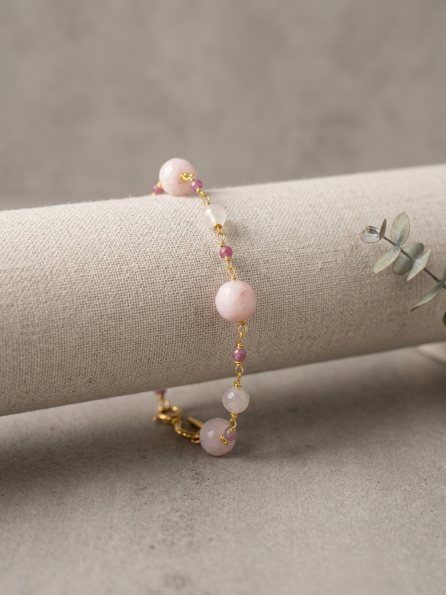 Ballerina: featuring Rose Quartz, Mystic Pink Jade, Pink Tourmaline, Pink Opal, Gold Plated Stainless Steel Wire, Gold Plated Copper Wire, Gold Plated Brass angle 3