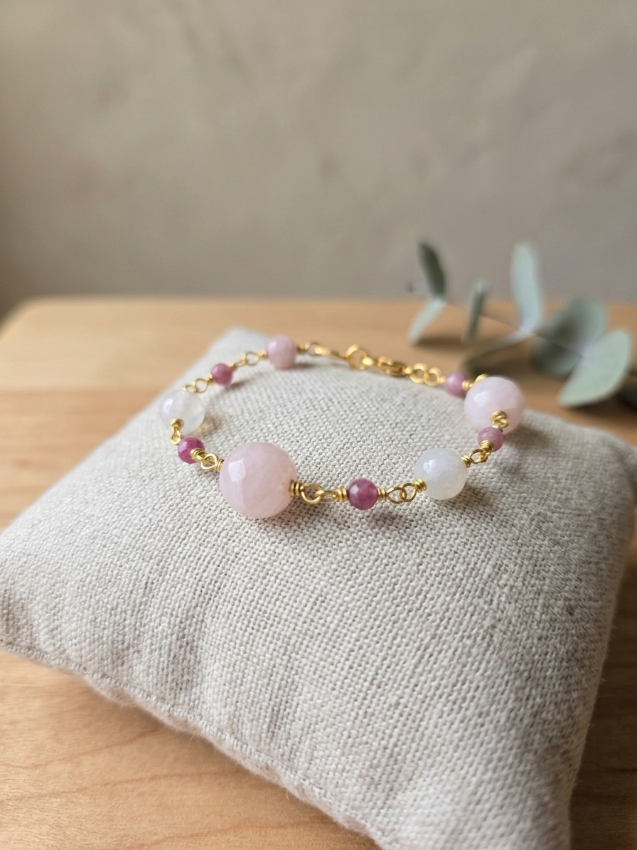 Ballerina: featuring Rose Quartz, Mystic Pink Jade, Pink Tourmaline, Pink Opal, Gold Plated Stainless Steel Wire, Gold Plated Copper Wire, Gold Plated Brass