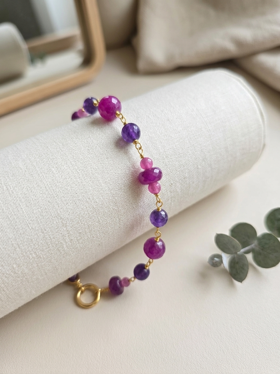 Berry Picking Season - featuring Purple, Pink, and Plum Dyed Jade, Gold Plated Stainless Steel Wire, Gold Plated Copper Wire, Gold Plated Brass angle 3