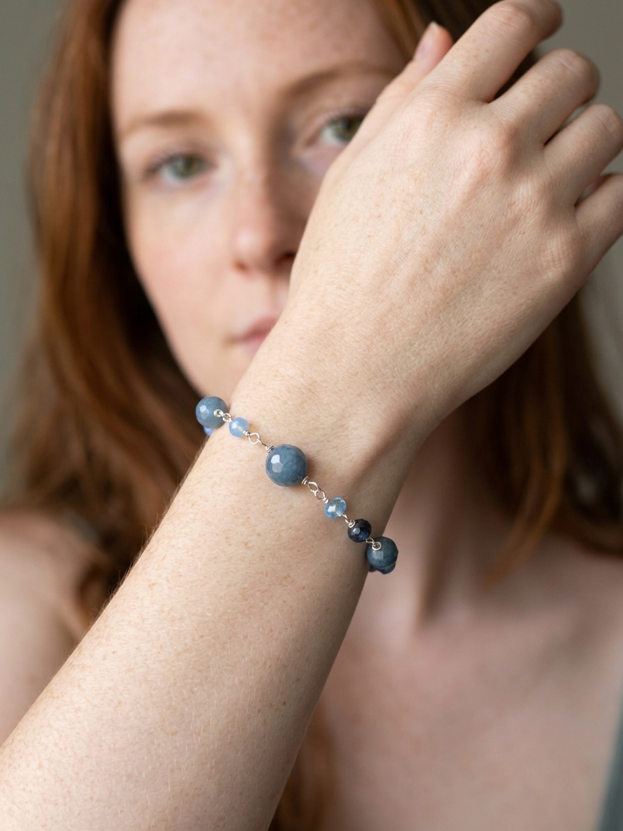 Billie Jean - featuring Faceted Blue Jade, Faceted Iolite Rounds, Ethiopian Opal Rondelles, Stainless Steel Wire, Silver Tone Copper Wire angle 2