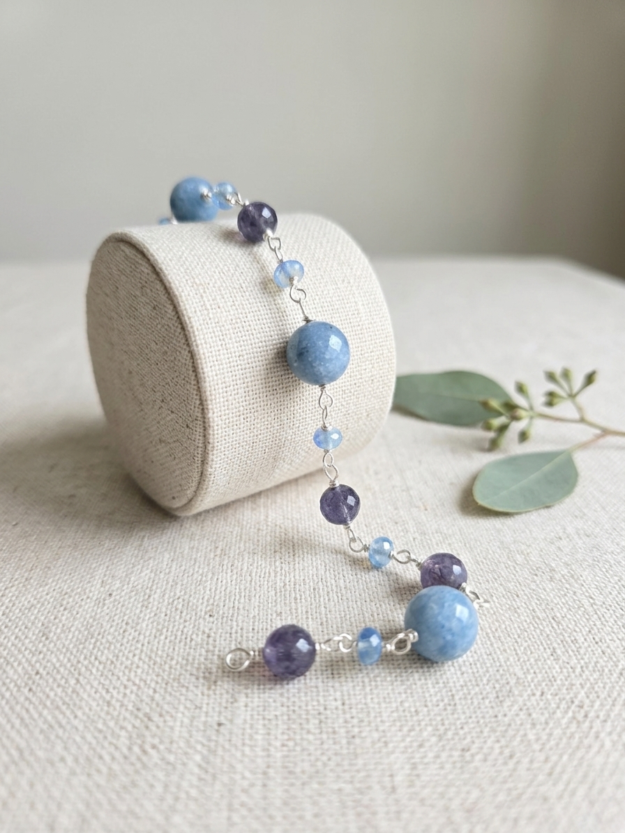 Billie Jean - featuring Faceted Blue Jade, Faceted Iolite Rounds, Ethiopian Opal Rondelles, Stainless Steel Wire, Silver Tone Copper Wire angle 3