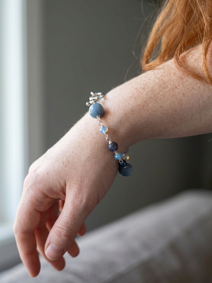 Billie Jean - featuring Faceted Blue Jade, Faceted Iolite Rounds, Ethiopian Opal Rondelles, Stainless Steel Wire, Silver Tone Copper Wire angle 4