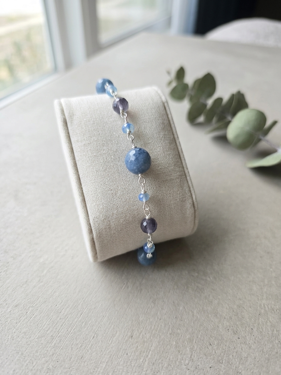 Billie Jean - featuring Faceted Blue Jade, Faceted Iolite Rounds, Ethiopian Opal Rondelles, Stainless Steel Wire, Silver Tone Copper Wire
