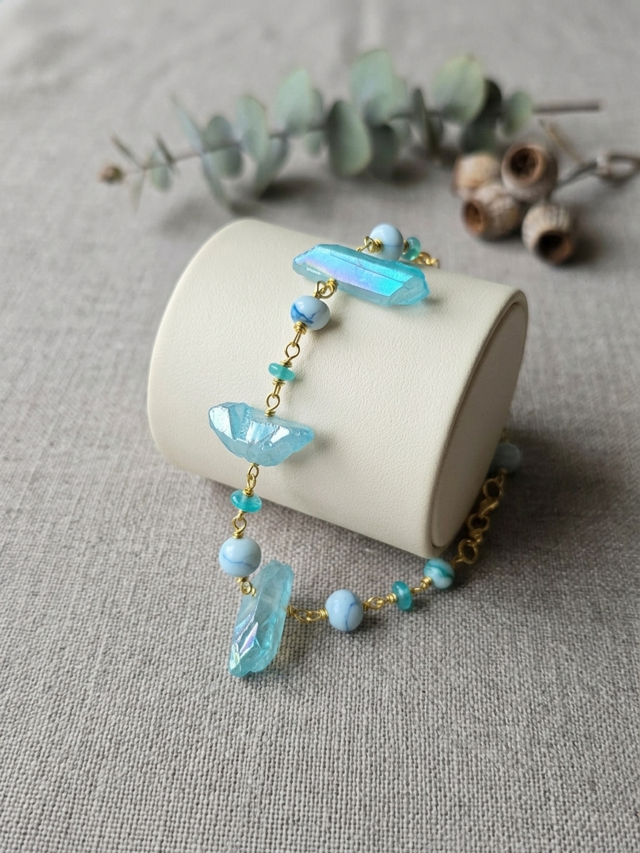 Bubbles - featuring Mystic Raw Aura Quartz Briolettes, Ethiopian Opal Rondelles, Jade Rondelles, Gold Plated Stainless Steel Wire, Gold Plated Copper Wire, Gold Plated Brass Hook and Eye Clasp angle 3