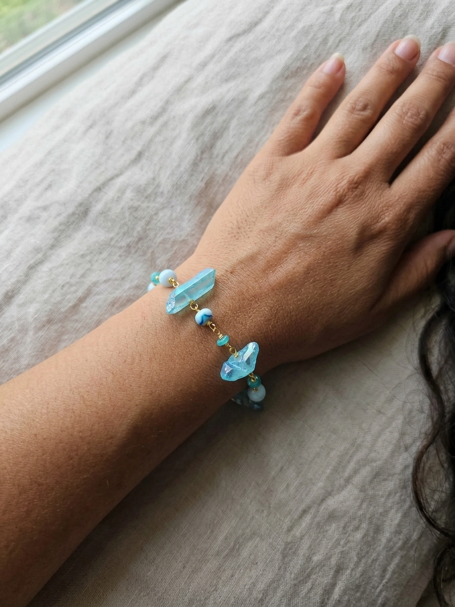 Bubbles - featuring Mystic Raw Aura Quartz Briolettes, Ethiopian Opal Rondelles, Jade Rondelles, Gold Plated Stainless Steel Wire, Gold Plated Copper Wire, Gold Plated Brass Hook and Eye Clasp angle 4