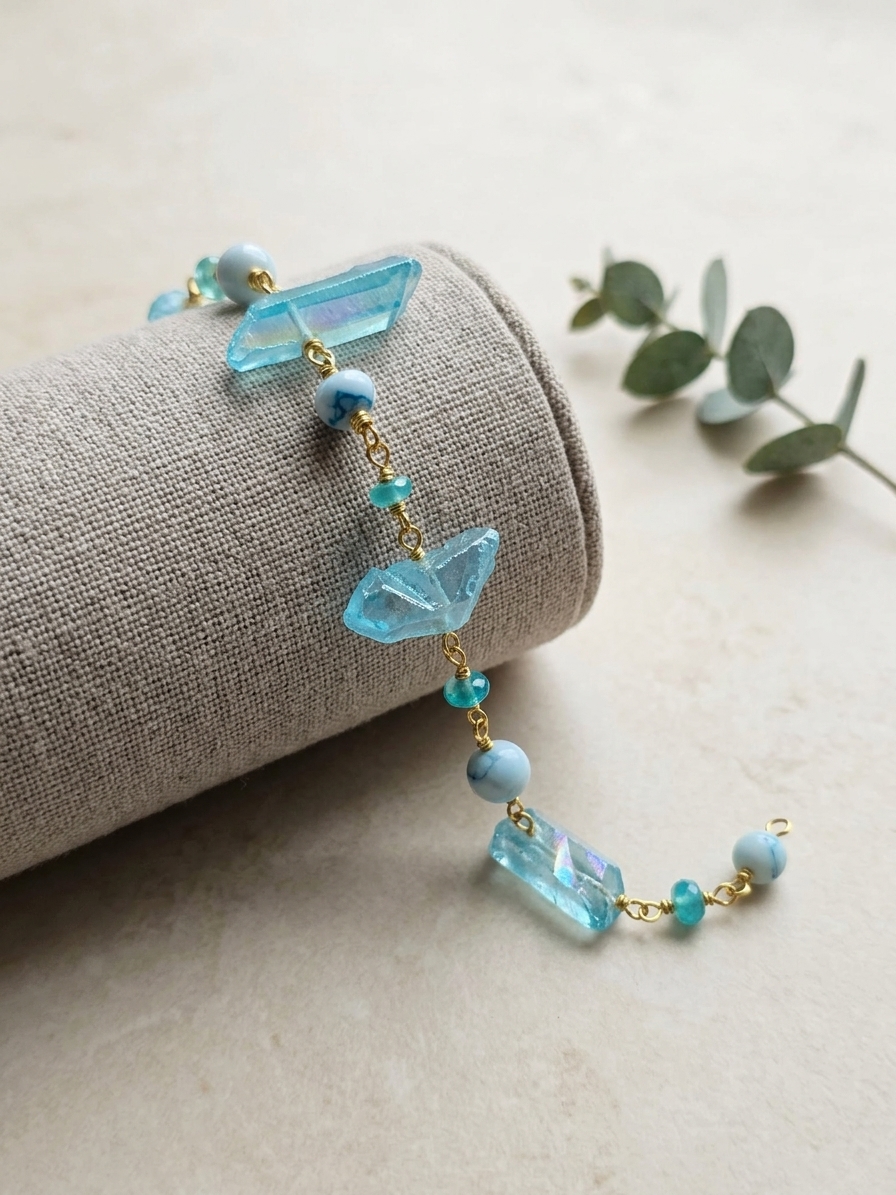 Bubbles - featuring Mystic Raw Aura Quartz Briolettes, Ethiopian Opal Rondelles, Jade Rondelles, Gold Plated Stainless Steel Wire, Gold Plated Copper Wire, Gold Plated Brass Hook and Eye Clasp