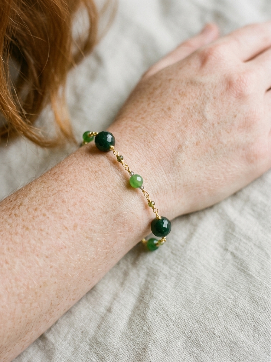 Buttercup - featuring Deep Green Jade, Kelly Green Jade, Peridot, Gold Plated Stainless Steel Wire, Gold Plated Copper Wire, Gold Plated Brass angle 2