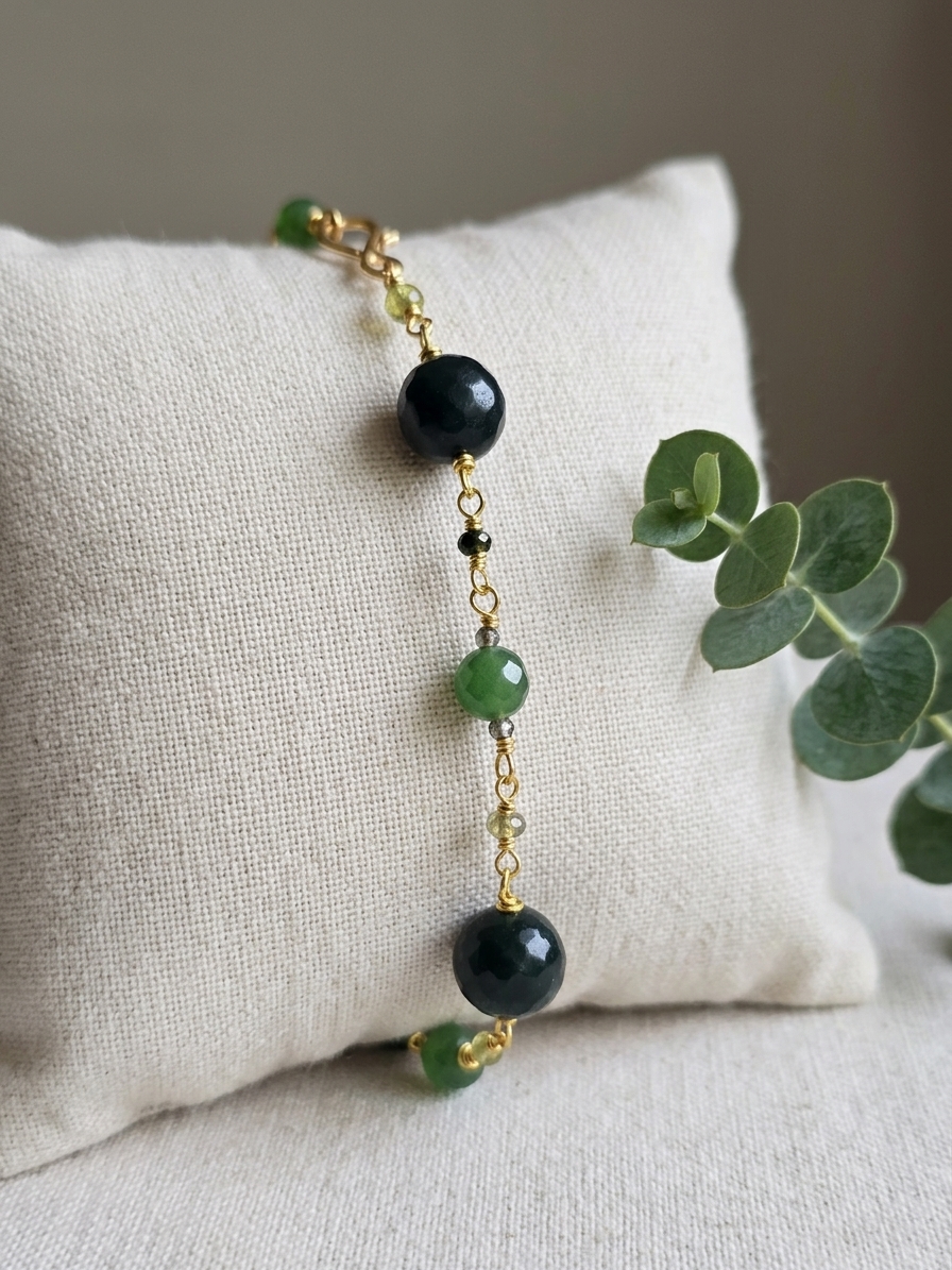 Buttercup - featuring Deep Green Jade, Kelly Green Jade, Peridot, Gold Plated Stainless Steel Wire, Gold Plated Copper Wire, Gold Plated Brass angle 3