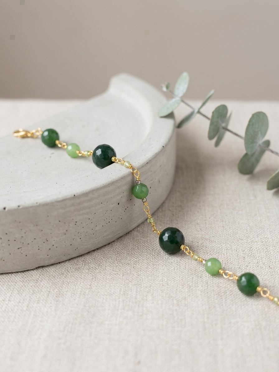 Buttercup - featuring Deep Green Jade, Kelly Green Jade, Peridot, Gold Plated Stainless Steel Wire, Gold Plated Copper Wire, Gold Plated Brass