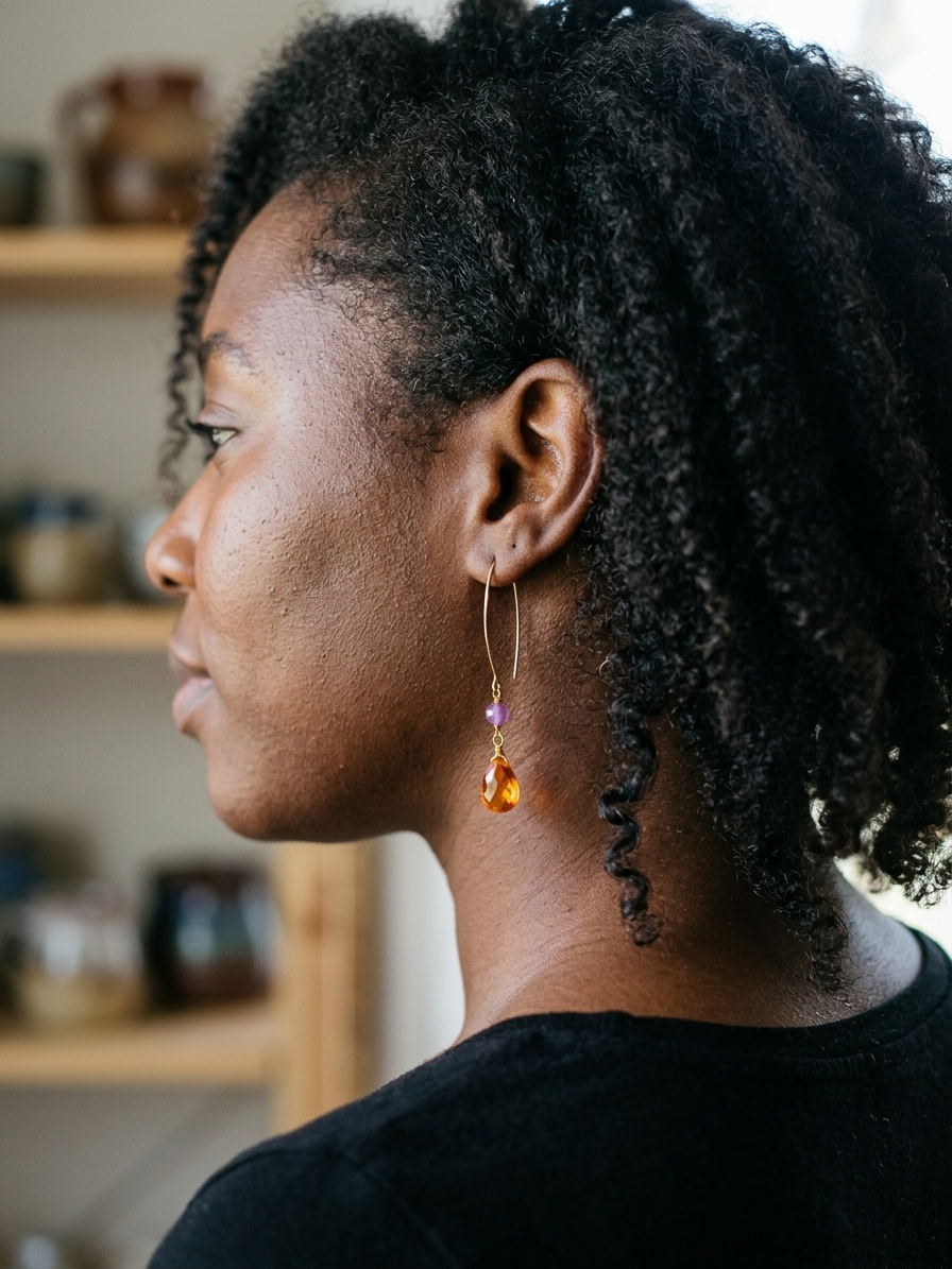 Café Tropical - featuring Orchid Purple Jade Rounds, Faceted Pear Orange Quartz Briolettes, Gold Plated Stainless Steel Wire, Gold Plated Copper Wire, Nickel Free Gold Plated Stainless Steel Ear Hooks angle 2