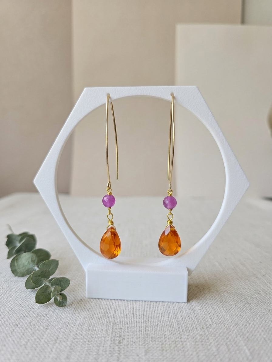Café Tropical - featuring Orchid Purple Jade Rounds, Faceted Pear Orange Quartz Briolettes, Gold Plated Stainless Steel Wire, Gold Plated Copper Wire, Nickel Free Gold Plated Stainless Steel Ear Hooks angle 3