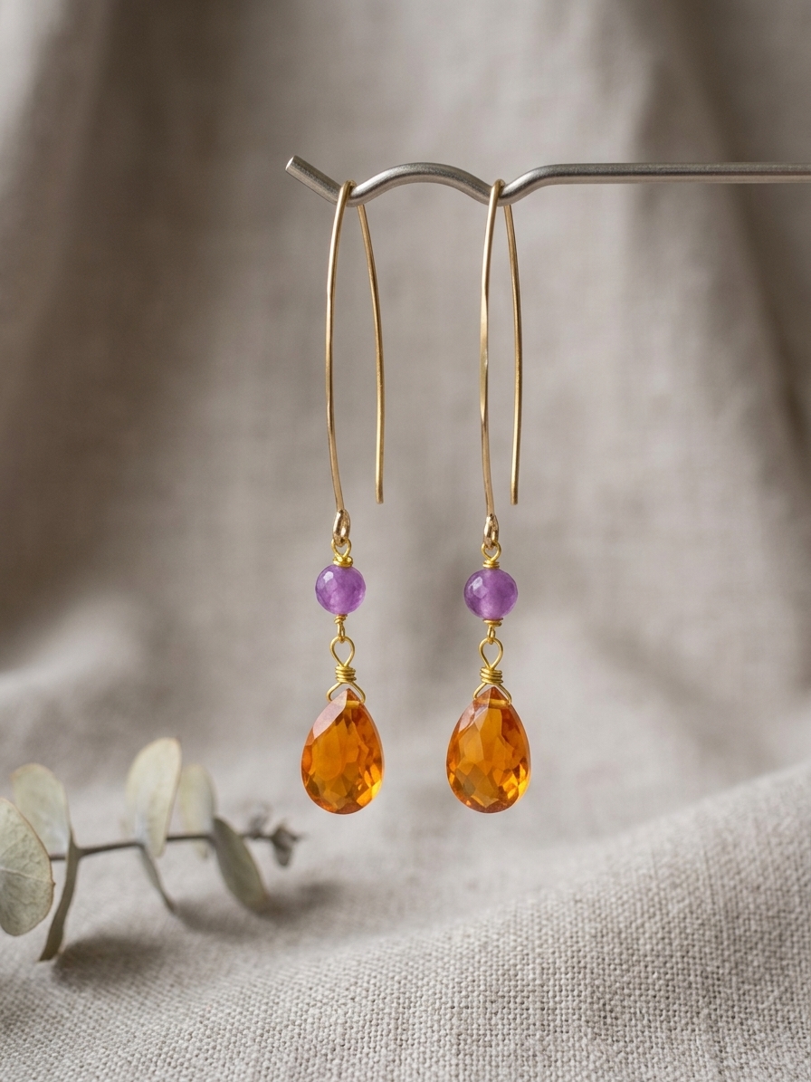 Café Tropical - featuring Orchid Purple Jade Rounds, Faceted Pear Orange Quartz Briolettes, Gold Plated Stainless Steel Wire, Gold Plated Copper Wire, Nickel Free Gold Plated Stainless Steel Ear Hooks
