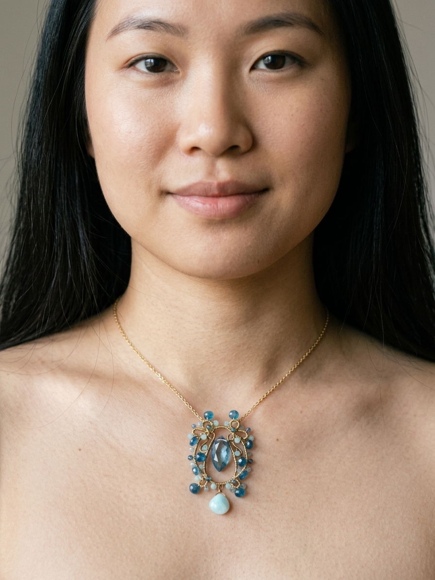 Coast - featuring Sea Blue Quartz, Apatite, Peruvian Opal, Gold Tone Copper Wire, Gold Plated Brass, Gold Tone Stainless steel angle 2