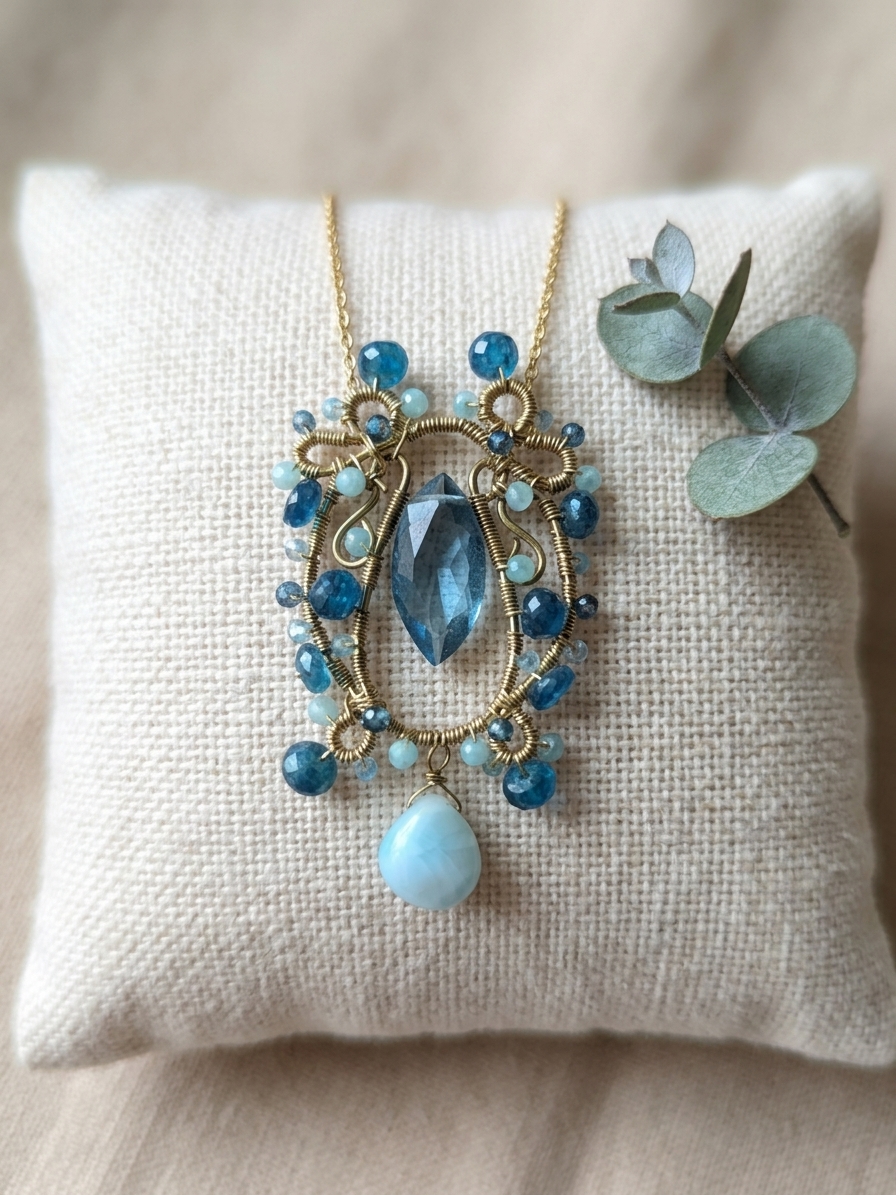 Coast - featuring Sea Blue Quartz, Apatite, Peruvian Opal, Gold Tone Copper Wire, Gold Plated Brass, Gold Tone Stainless steel angle 3