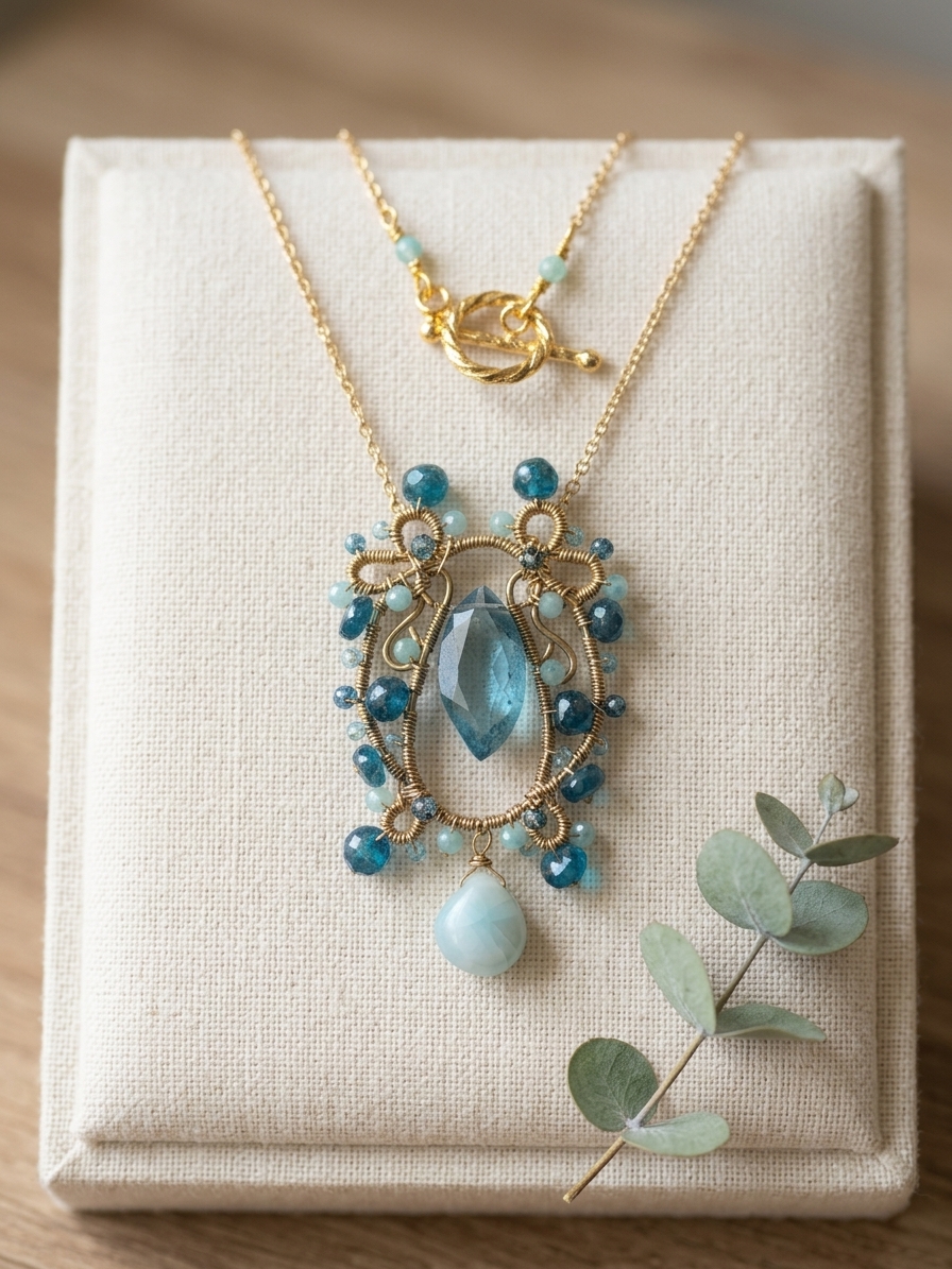 Coast - featuring Sea Blue Quartz, Apatite, Peruvian Opal, Gold Tone Copper Wire, Gold Plated Brass, Gold Tone Stainless steel