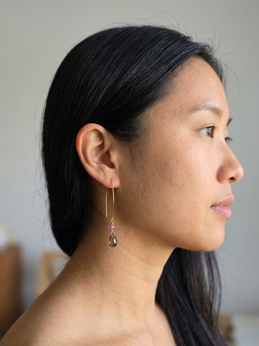 Diamond Tiara Pony - featuring Faceted Natural Ruby Rounds, Faceted Smoky Quartz Briolettes, Gold Plated Stainless Steel Wire, Gold Plated Copper Wire, Gold Plated Stainless Steel Ear Hooks angle 2