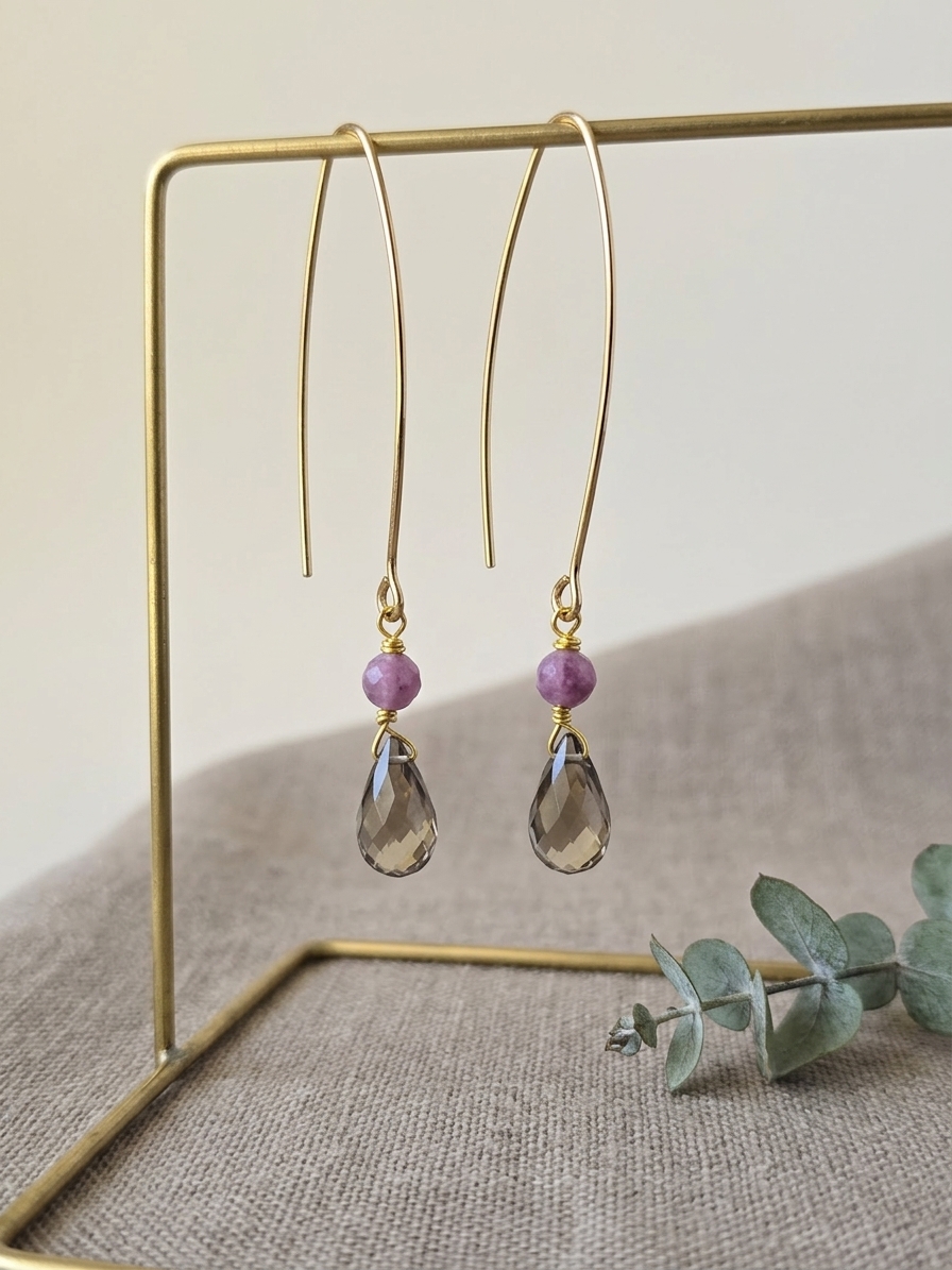 Diamond Tiara Pony - featuring Faceted Natural Ruby Rounds, Faceted Smoky Quartz Briolettes, Gold Plated Stainless Steel Wire, Gold Plated Copper Wire, Gold Plated Stainless Steel Ear Hooks angle 3