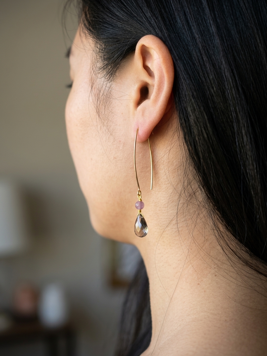 Diamond Tiara Pony - featuring Faceted Natural Ruby Rounds, Faceted Smoky Quartz Briolettes, Gold Plated Stainless Steel Wire, Gold Plated Copper Wire, Gold Plated Stainless Steel Ear Hooks angle 4