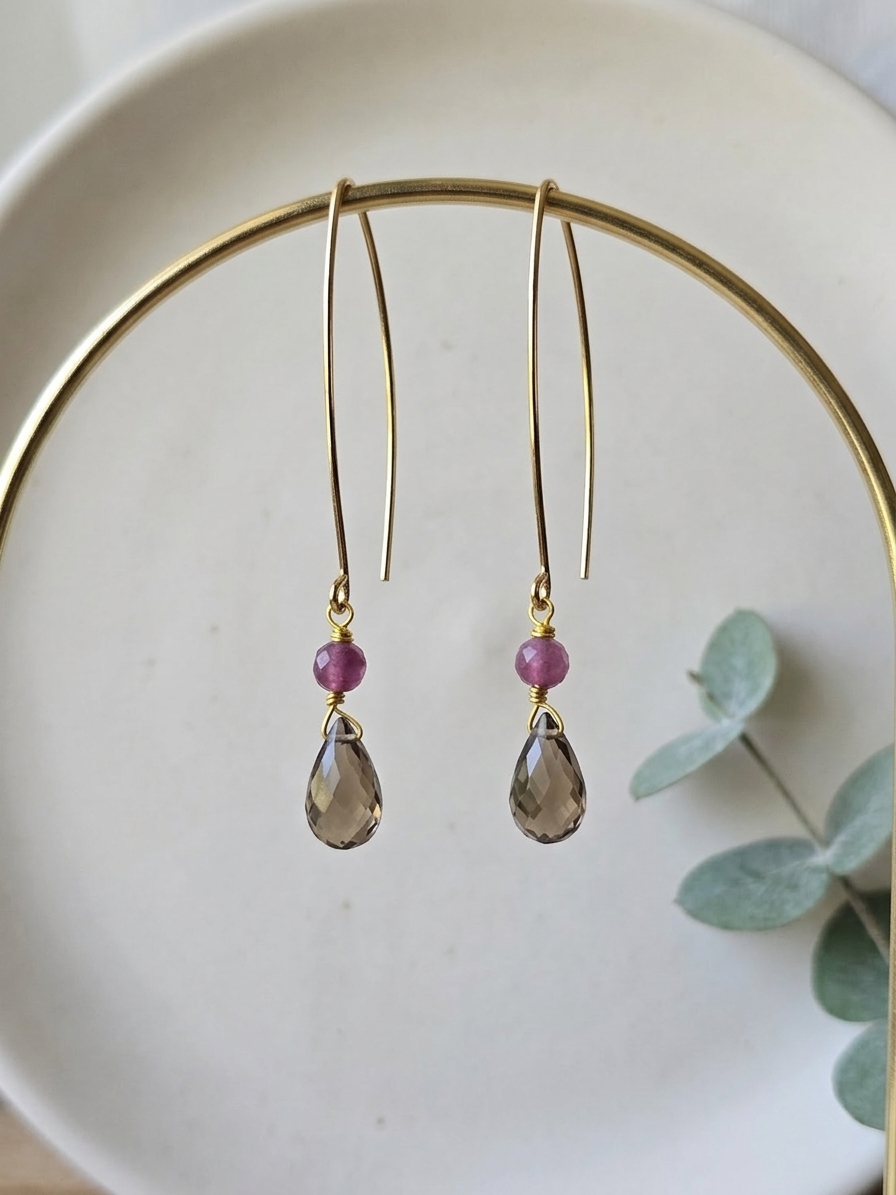 Diamond Tiara Pony - featuring Faceted Natural Ruby Rounds, Faceted Smoky Quartz Briolettes, Gold Plated Stainless Steel Wire, Gold Plated Copper Wire, Gold Plated Stainless Steel Ear Hooks