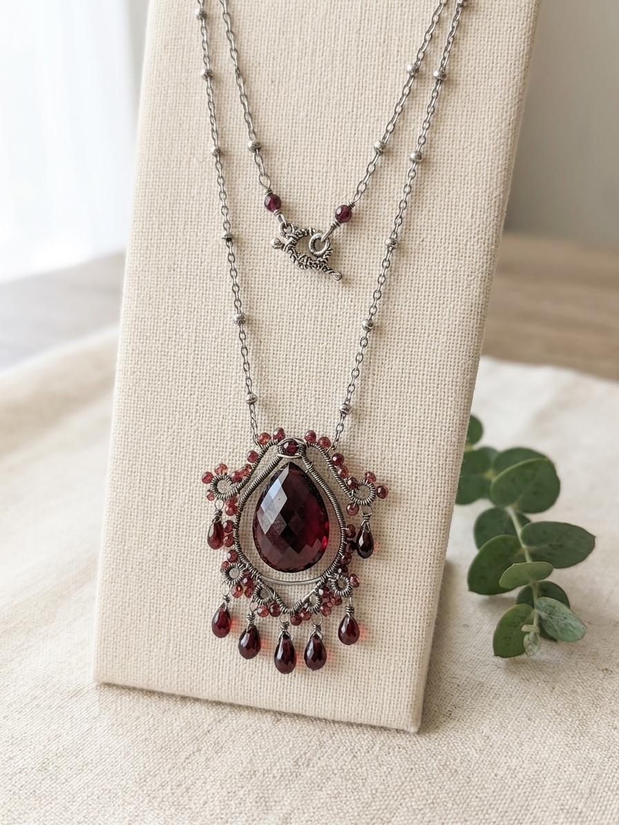 Dracula Bride - featuring Deep Red Quartz, Garnet, Hessonite Garnet, Stainless Steel, Silver Tone Copper Wire, Silver Tone Brass angle 3